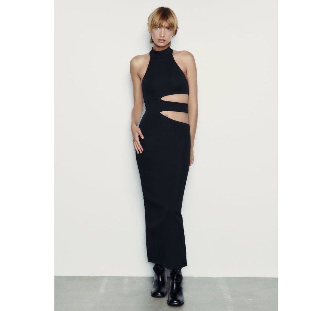 Zara Cut Out Halter Midi Dress Black NWT - Picture 6 of 9